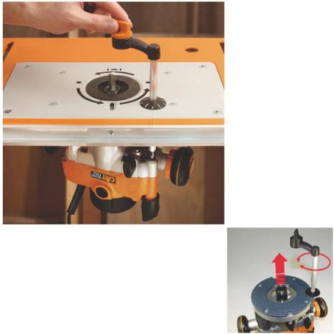 Door middel van een draaihendel kan men de freeshoogte instellen aan de bovenzijde van de freestafel.