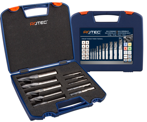 Rotec HSS-E ruwfrezenset, gecoat, in kunststof koffer, ø4, 5, 6, 8, 10, 12, 14, 16, 18 en 20mm