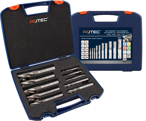 Rotec HSS-E ruwfrezenset, in kunststof koffer, ø4, 5, 6, 8, 10, 12, 14, 16, 18 en 20mm