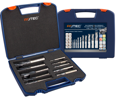 Rotec HSS-E Universeelfrezenset, AlCrN, in kunststof koffer, 4, 6, 8, 10, 12, 14, 16, 18, 20 mm.