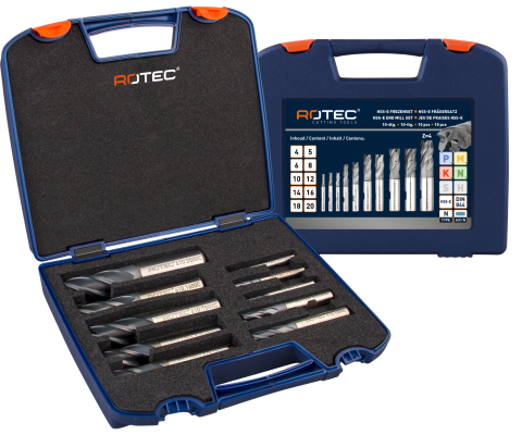 Rotec HSS-E vingerfrezenset, gecoat, in kunststof koffer, ø4, 5, 6, 8, 10, 12, 14, 16, 18 en 20mm